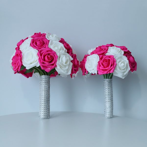 Hot Pink White Rose Wedding Bouquet Set