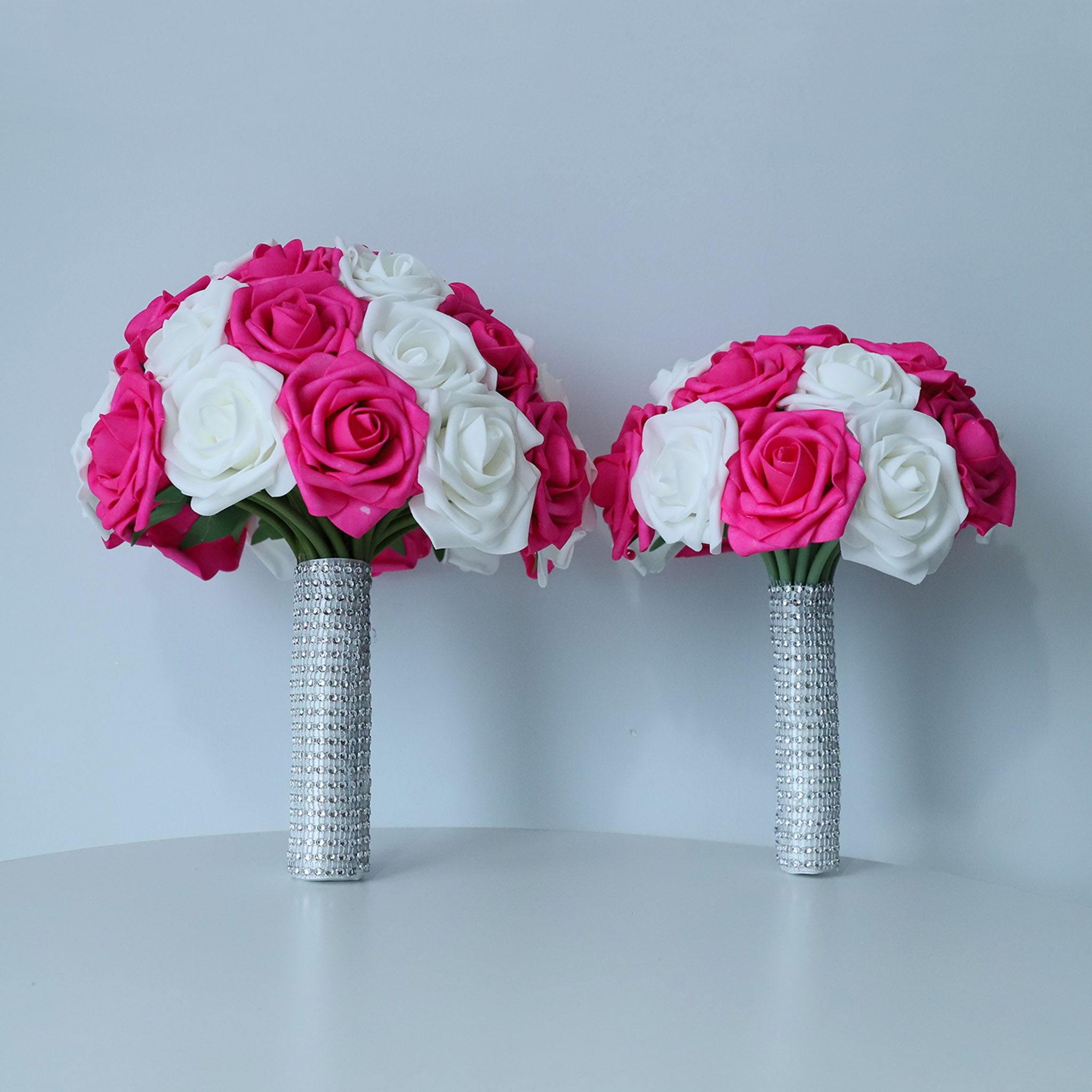 Hot Pink White Rose Wedding Bouquet Set