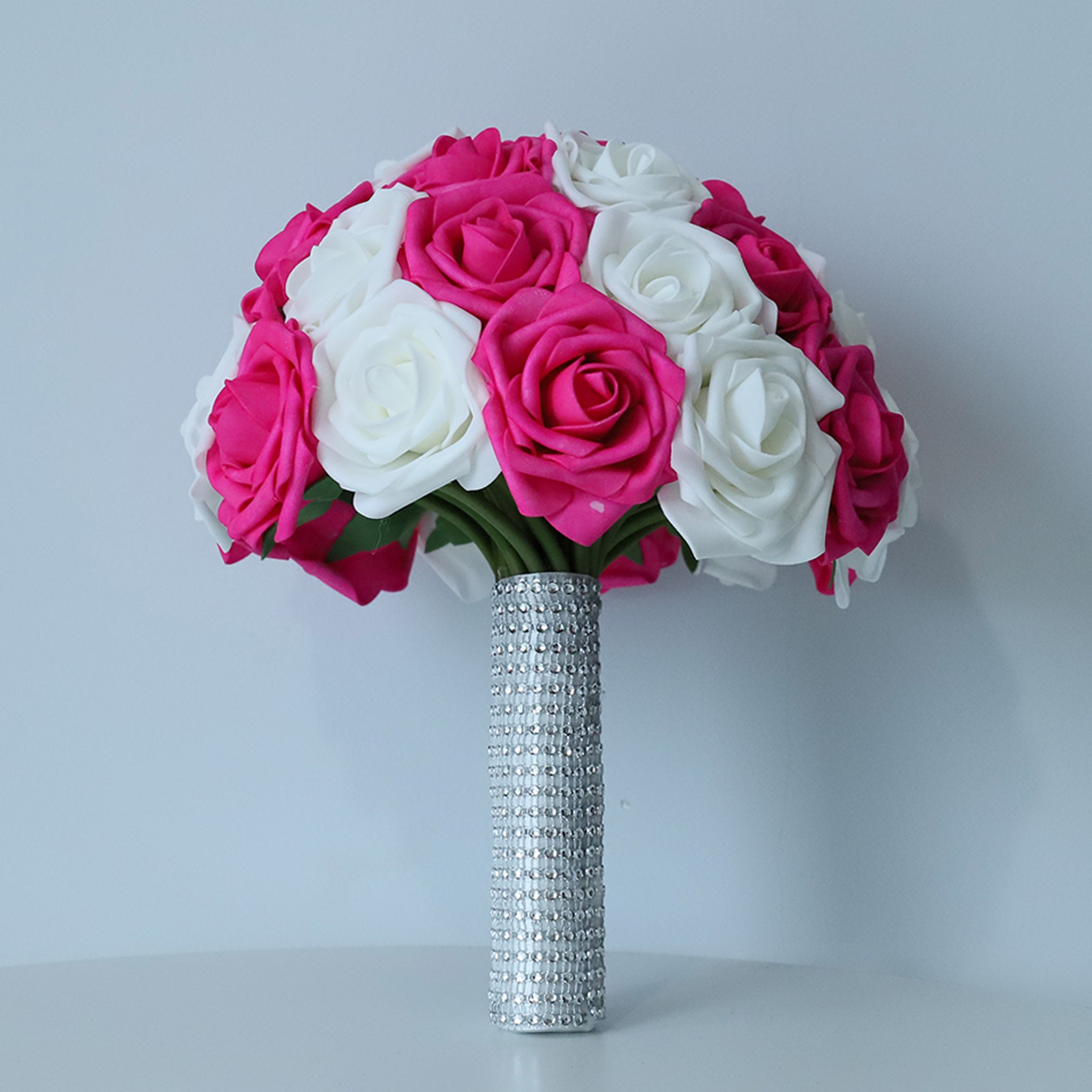 Hot Pink White Rose Wedding Bouquet Set