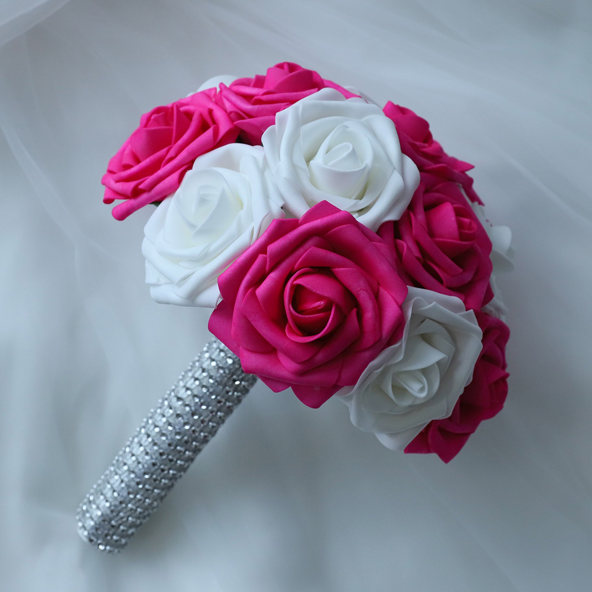 Hot Pink White Rose Wedding Bouquet Set