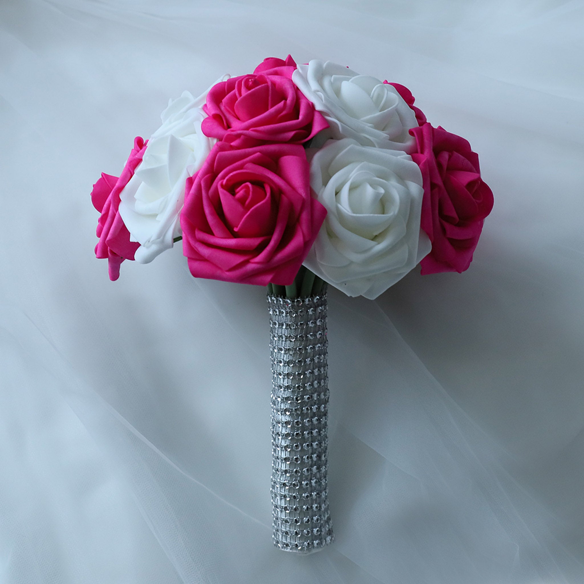 Hot Pink White Rose Wedding Bouquet Set